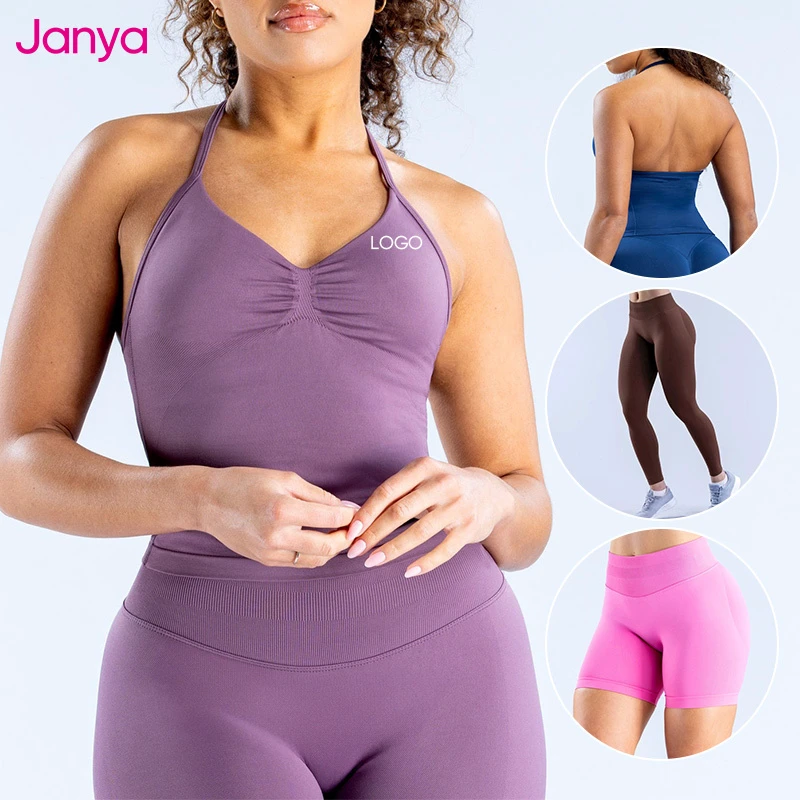 Janya Womens Halter Neck Backless Sports Bra High Waist Butt Lifting Workout Leggings 2 Piece Set Seamless Yoga Gym Fitness Sets