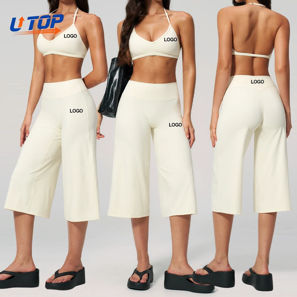 Custom Halter Sports Bra High-Waist Calf-Length Fitness Pants 2-Piece Set Four-Way Stretch Quick Dry Custom Front Logo Yoga Sets