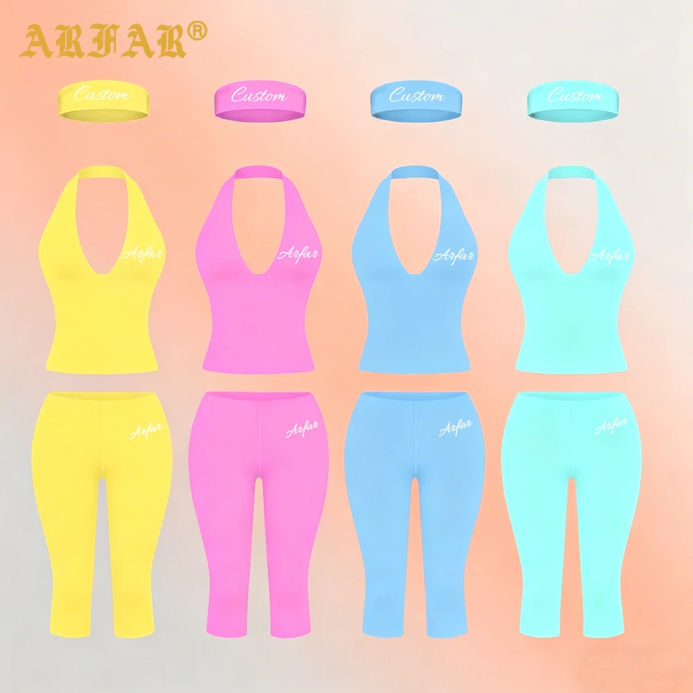 2026 Summer Custom Logo Y2K High Quality Cotton Halter Top Capri Pants Headband Women 3 Piece Yoga Set for Gym Workout