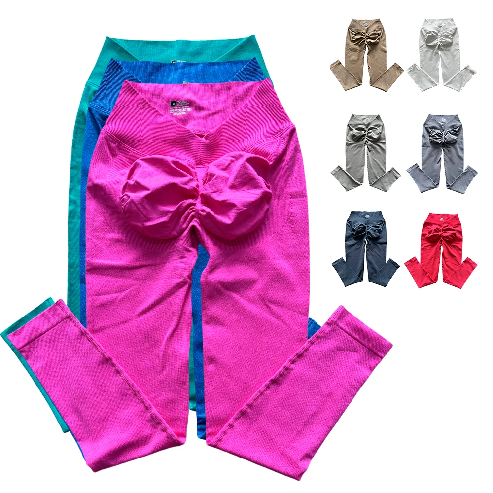 Wholesale Women's Solid Scrunch Booty Custom Yoga Leggings High Waist Four-Way Stretch Tummy Control Fitness Workout Tight