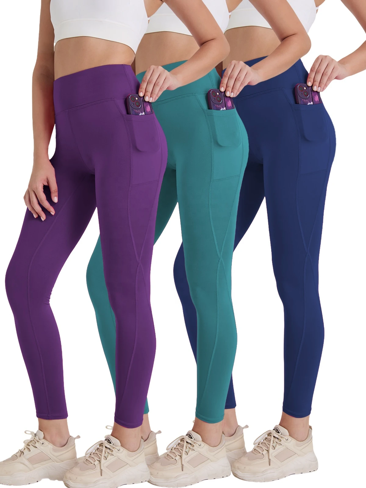 3-Pack Womens High Waist Leggings with Side Pocket Moisture Wicking Tummy Control Yoga & Workout Pants for Gym/Running
