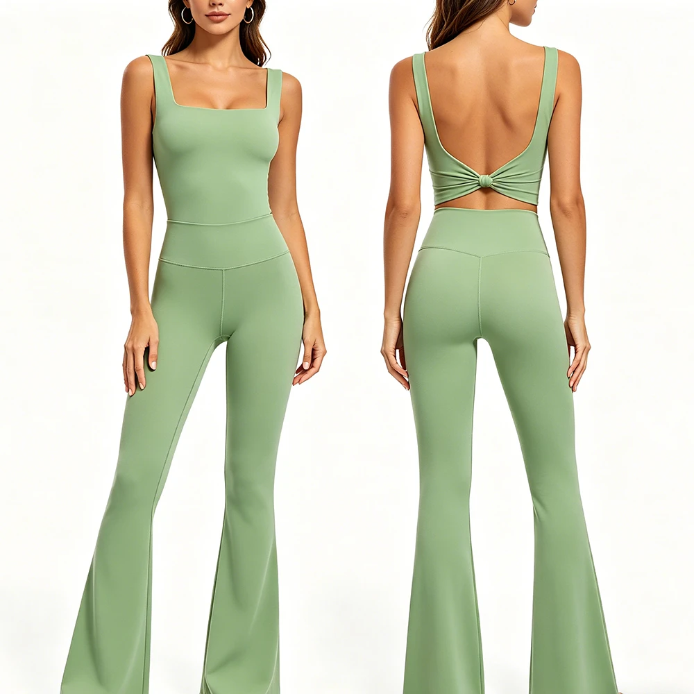 Women Plus Size 2-Piece Yoga Workout Set Square Neck Crop Top with Knot Back High Waist Flare Leggings Active Stretch