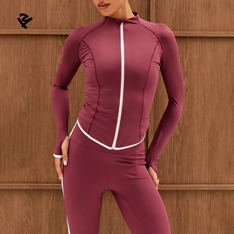 Custom Women 2 Piece Yoga Set Zip up Jacket and High Waist Leggings with Side Stripe Gym Activewear Sportswear Loungewear Outfit