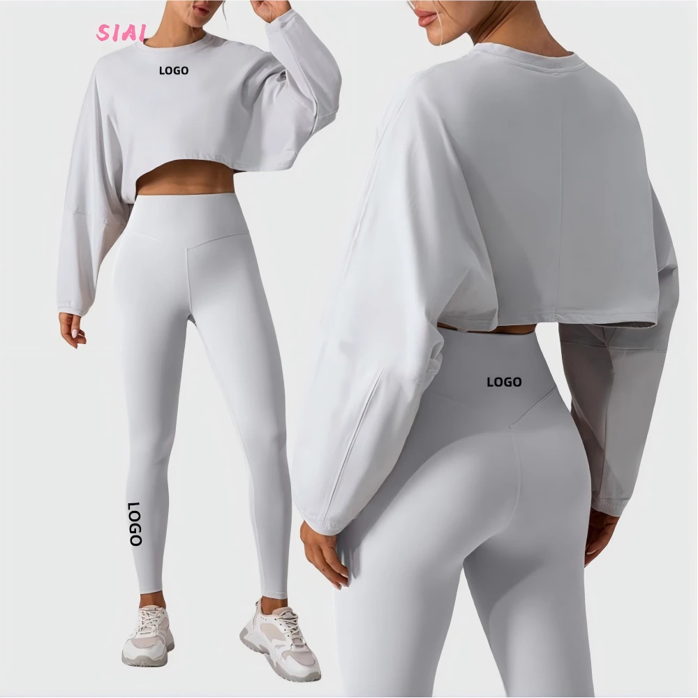 OEM ODM Plus Size Quick Dry Four-Way Stretch 2pc Sports Wear Women's Breathable Long Sleeve Crop Top & Leggings Yoga Set