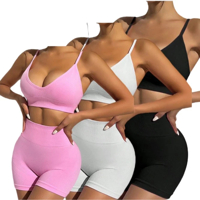 Seamless Solid Eco-Friendly Quick Dry Yoga Set High-Waisted Elastic Waist Shorts Crop Top Sport Bra Women's Backless 2-Piece Set