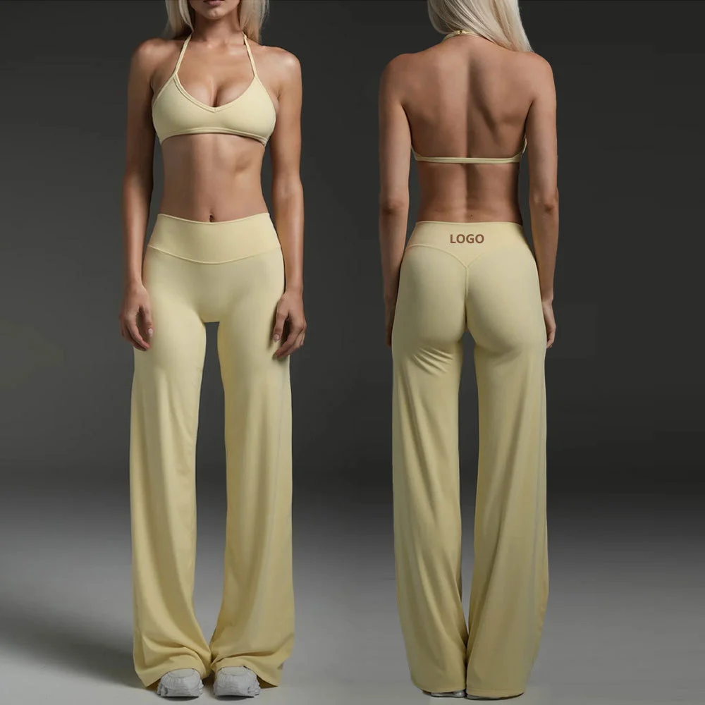 New Yoga Fitness Sexy Backless Running Crop Top Sports Bra & Loose Flare Leggings Set 2 Piece Set for Women