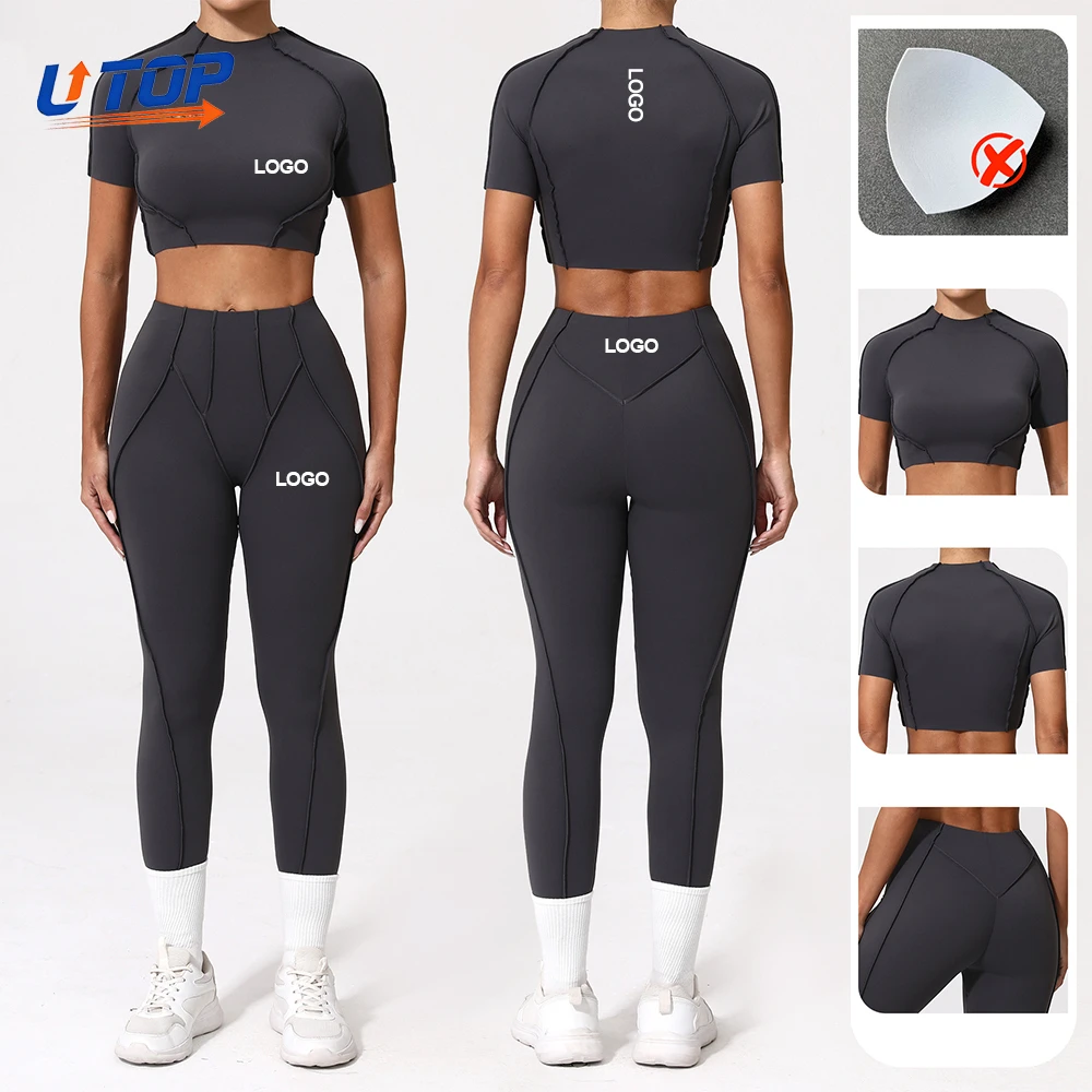 Custom Logo Sports Wear Hot-Selling Suits Compression Stretchy Short Sleeve Cropped Quick Dry Yoga Leggings and Tops Set
