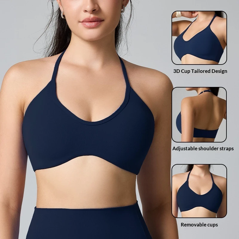 Nylon Seamless High Support Halter Neck Yoga Bra for Women's Fitness Vest Sports Underwear Adjustable Bare Feel