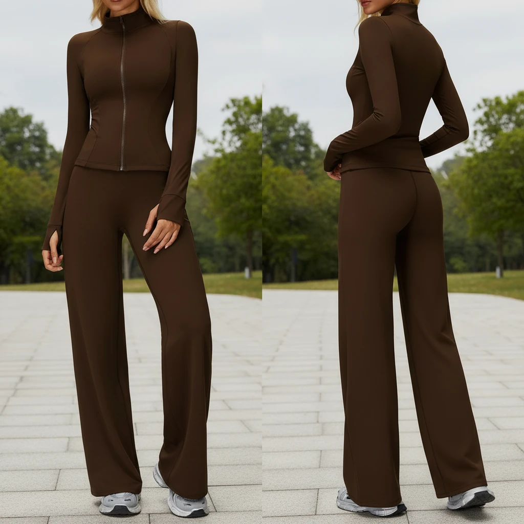 Winter Fleece Jacket Flare Pant 2 Piece Set Keep Warm Gym Women Yoga Sets