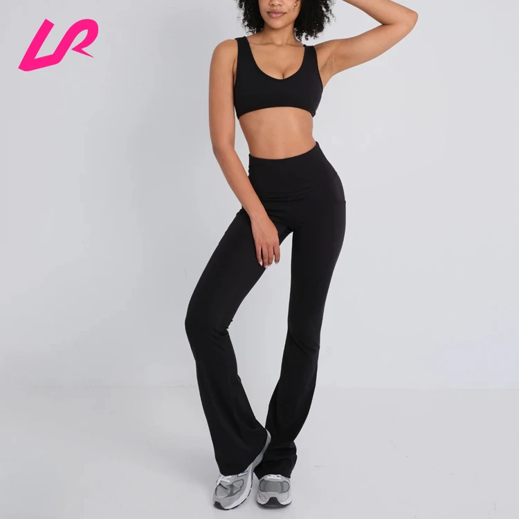 Hot Selling Fitness Activewear Sleeveless U Back Crop Top Side Pockets High Waist Flare Yoga Leggings Workout Basic Gym Clothes