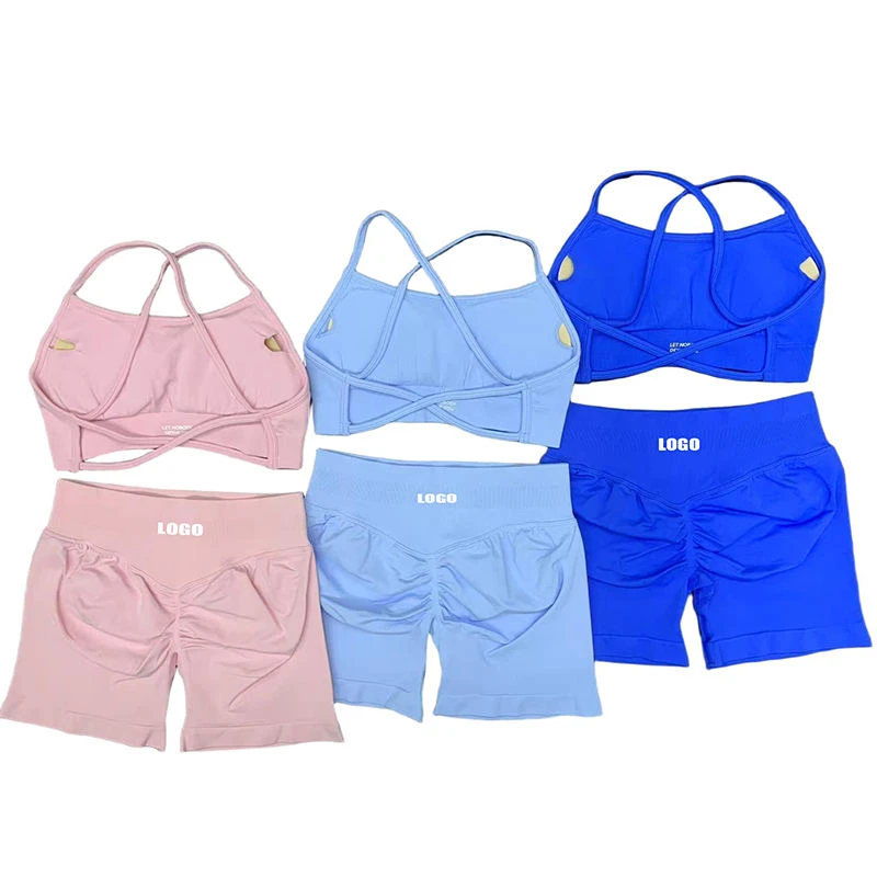Women's 2-Piece Solid Backless Sports Bra Scrunch Bum Shorts Yoga Set High Waist 360g Heavyweight Seamless Sweat-Wicking Front