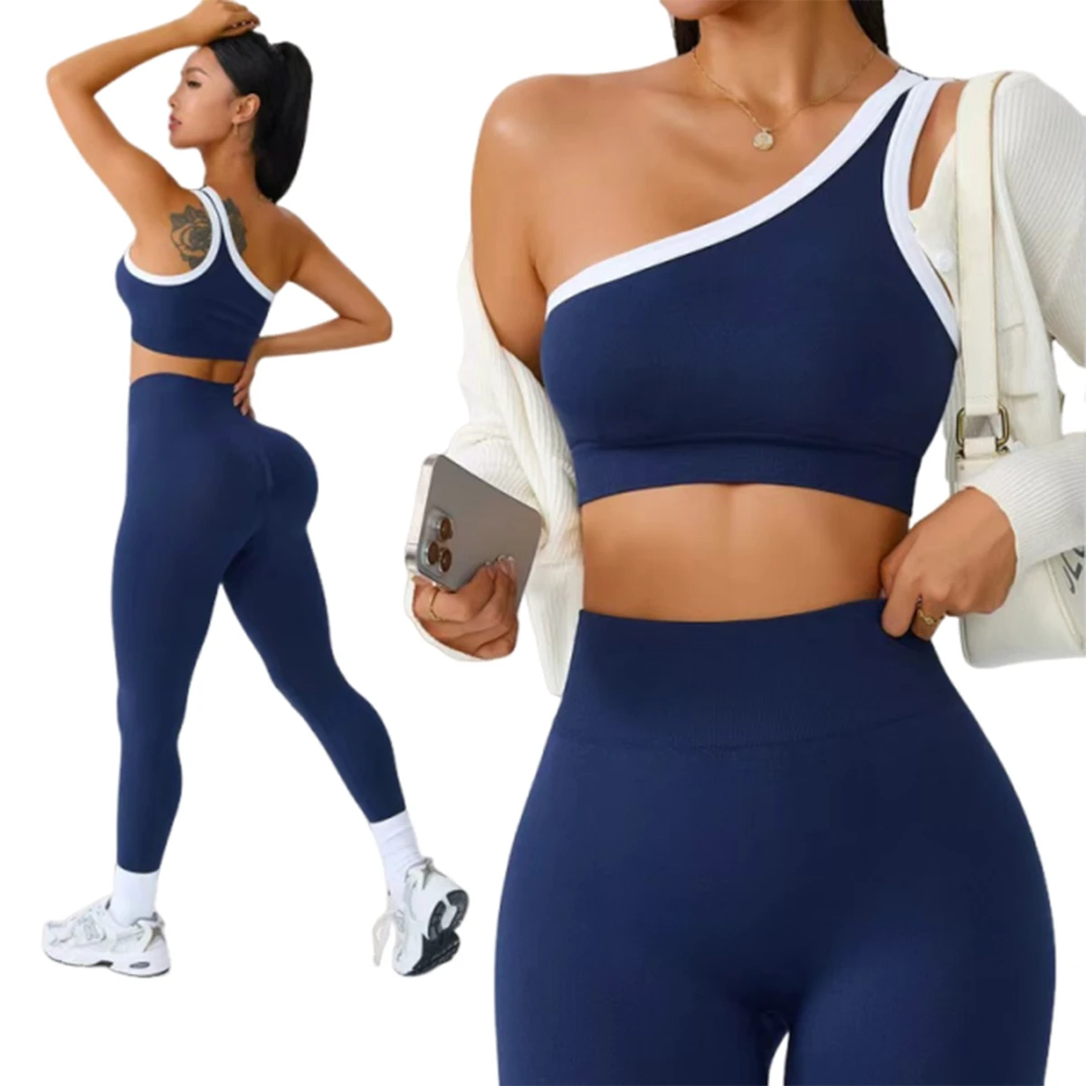 Custom Logo Women's Breathable Sweat-Wicking 2 Pieces Yoga Suit Running Workout Push-up One-shoulder Sports Bra Fitness Gym Sets