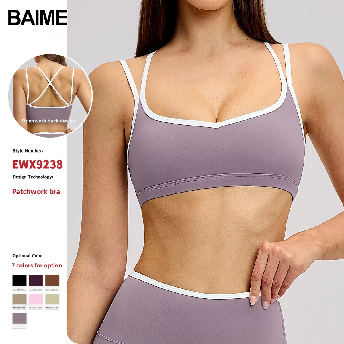 BAIME Plastic Shoulder Strap Cross Women's Sports Bra Breathable High Support Lightweight Yoga Sports Top