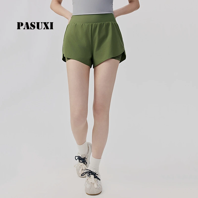 PASUXI Women's High Waisted 2 in 1 Running Shorts Workout Yoga Athletic Shorts with Pockets Quick Dry Breathable Fitness Pants