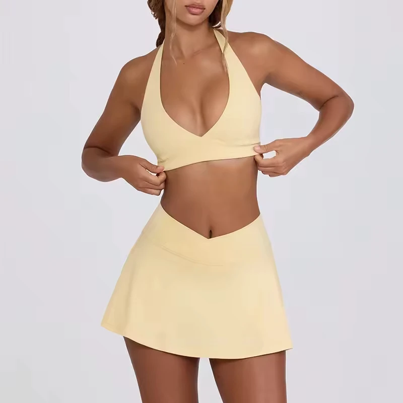 Wholesale Fitness 2 Piece Women Gym Yoga Wear Sports Suit Workout Crop Top Tennis Skirt Yoga Set