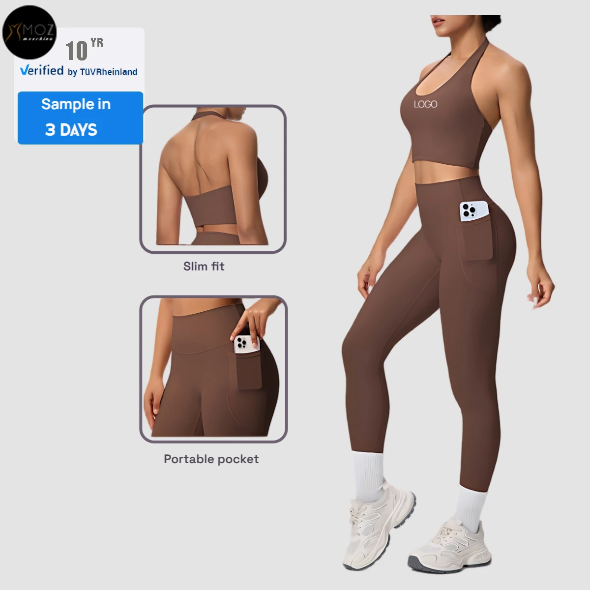 Women's Plus Size Solid Brushed High-Waisted Halter Top Pockets Leggings 2-Piece Set-Custom Gym Pilates Activewear for Workouts
