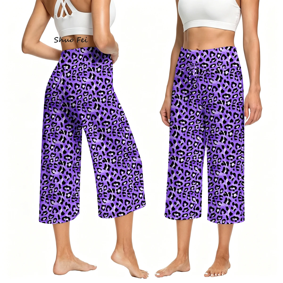 Women Vibrant Purple Leopard Crop Pants Drawstring High Waisted Yoga Capri Leggings Animal Pattern Wide Leg Gym Casual Wear Soft