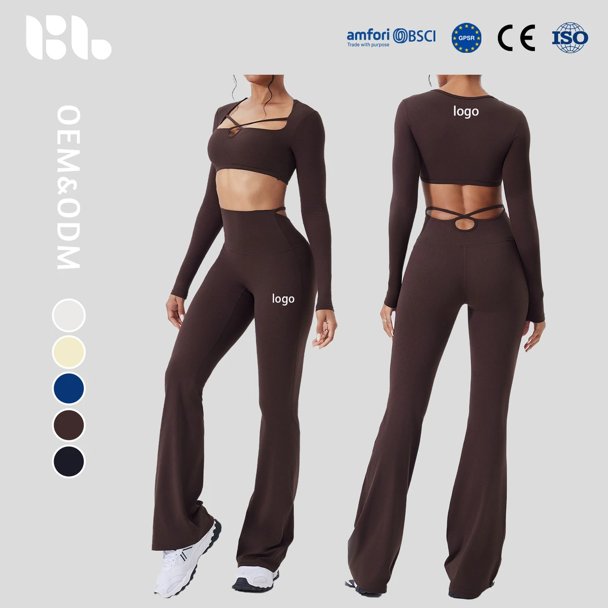 Women's Yoga Nylon Spandex Sexy Long-Sleeve Crop Top High-Waisted Flared Leggings Slim Fit Suit Yoga Wear Fitness Gym Set