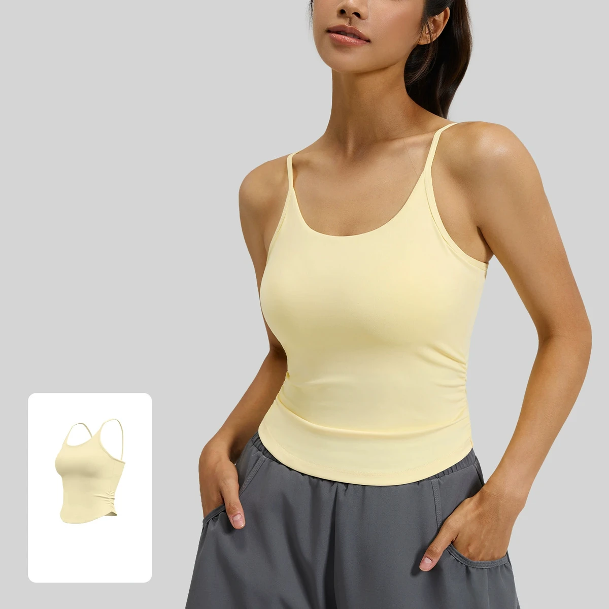 Women Sexy Spaghetti Strap Yoga Tank Top With Built-in Bra Ruched Side Slim Fit Gym Fitness Workout Camisole