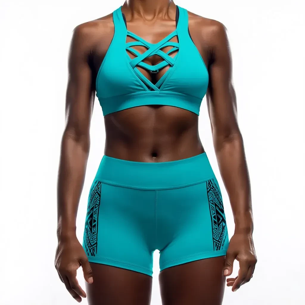 Turquoise 2 Piece Yoga Set High Waist Shorts Crisscross Straps Crop Top Seamless Breathable Four-Way Stretch Solid Color
