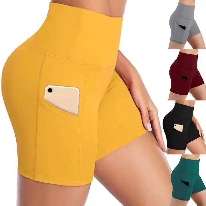 High Waist Women's Hot Shorts Solid Color Yoga Shorts with Pockets Breathable Quick Dry Knitted Sporty Regular Fit Elastic Waist