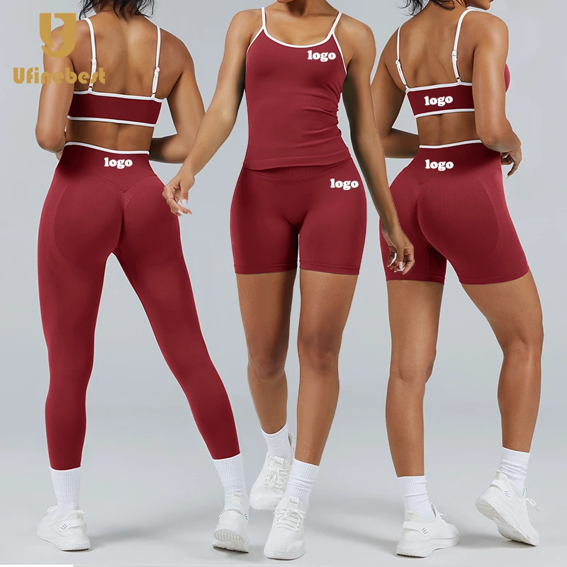 Seamless 2 Piece Color-blocking Stripes Women's High Waist Workout Leggings Gym Fitness Bra Sets Sportswear Yoga Set