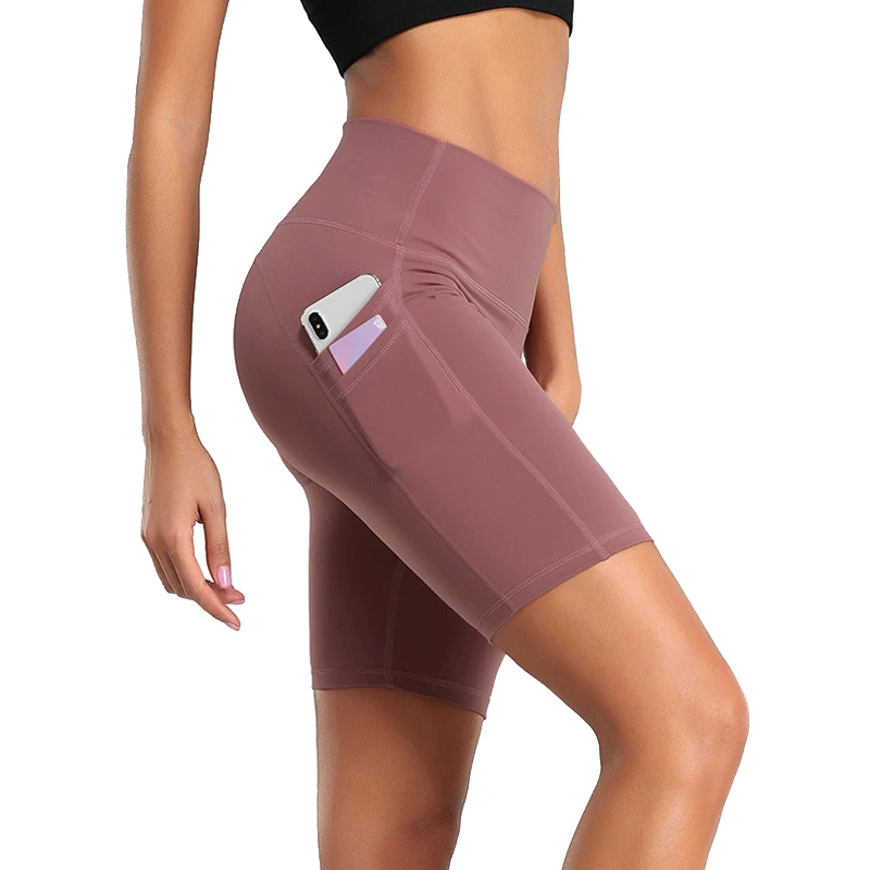 High Waist Yoga Shorts with Side Pockets Tummy Control Running Gym Workout Biker Shorts for Women