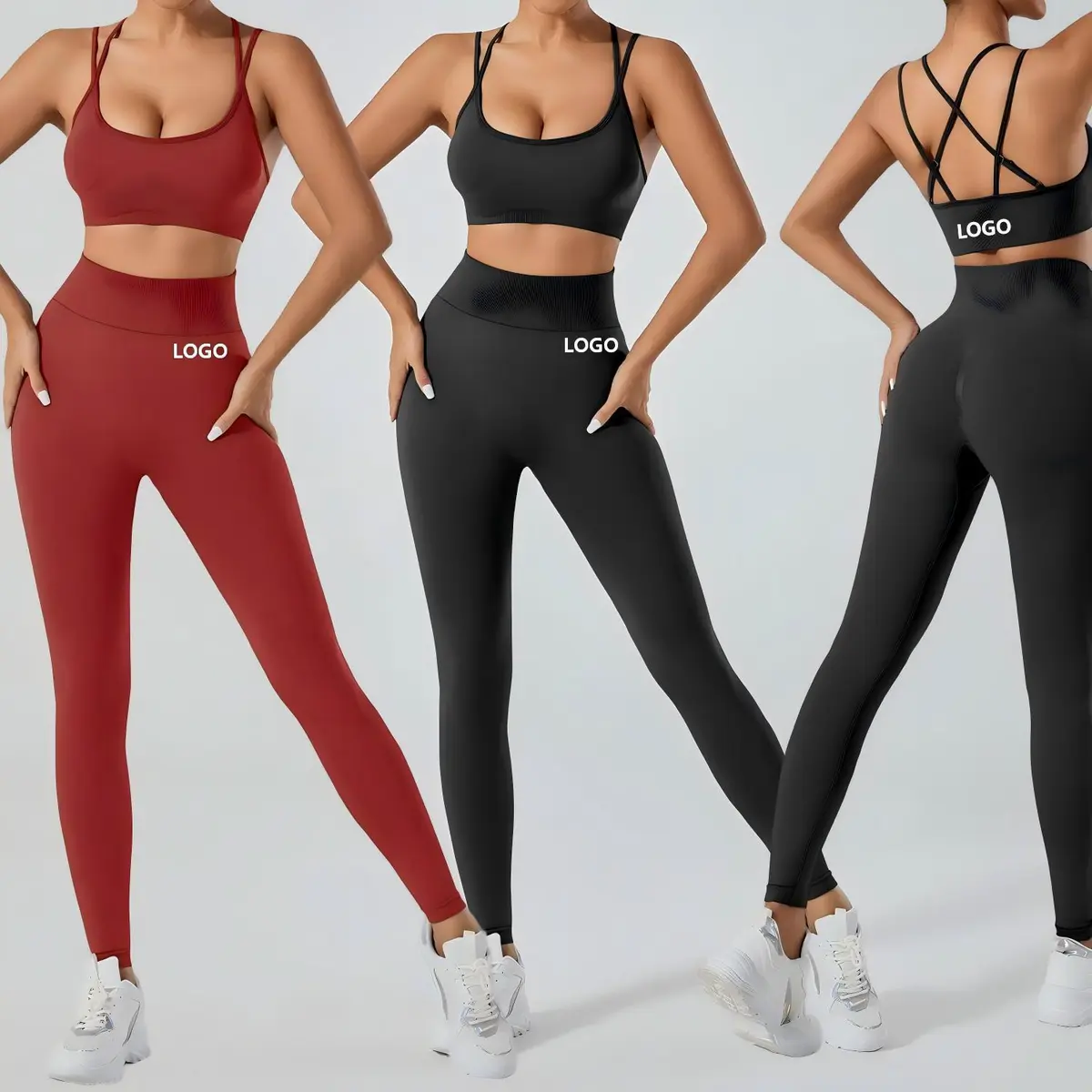 Women's Solid Yoga Sets-2-Piece Breathable Leggings & Cross-back Strap Bras with Four-Way Stretch & Quick Dry for Fitness