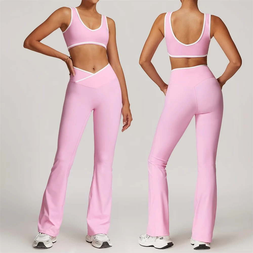 AL010 Contrast Color Female Pilates Wear Racerback Adjustable Sports Bra V-shaped Waist Flared Leggings 2 Piece Yoga Set