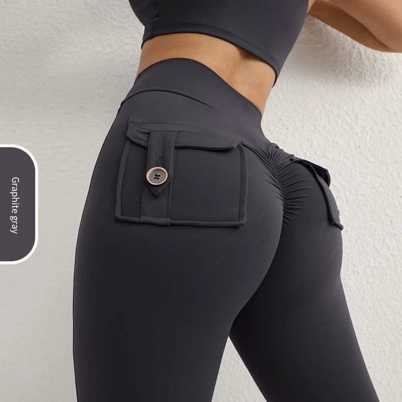 Tight-fitting Button High-waist Hip-lifting Yoga Pants for Women with Pockets, Peach Quick-dry Running and Fitness Pants