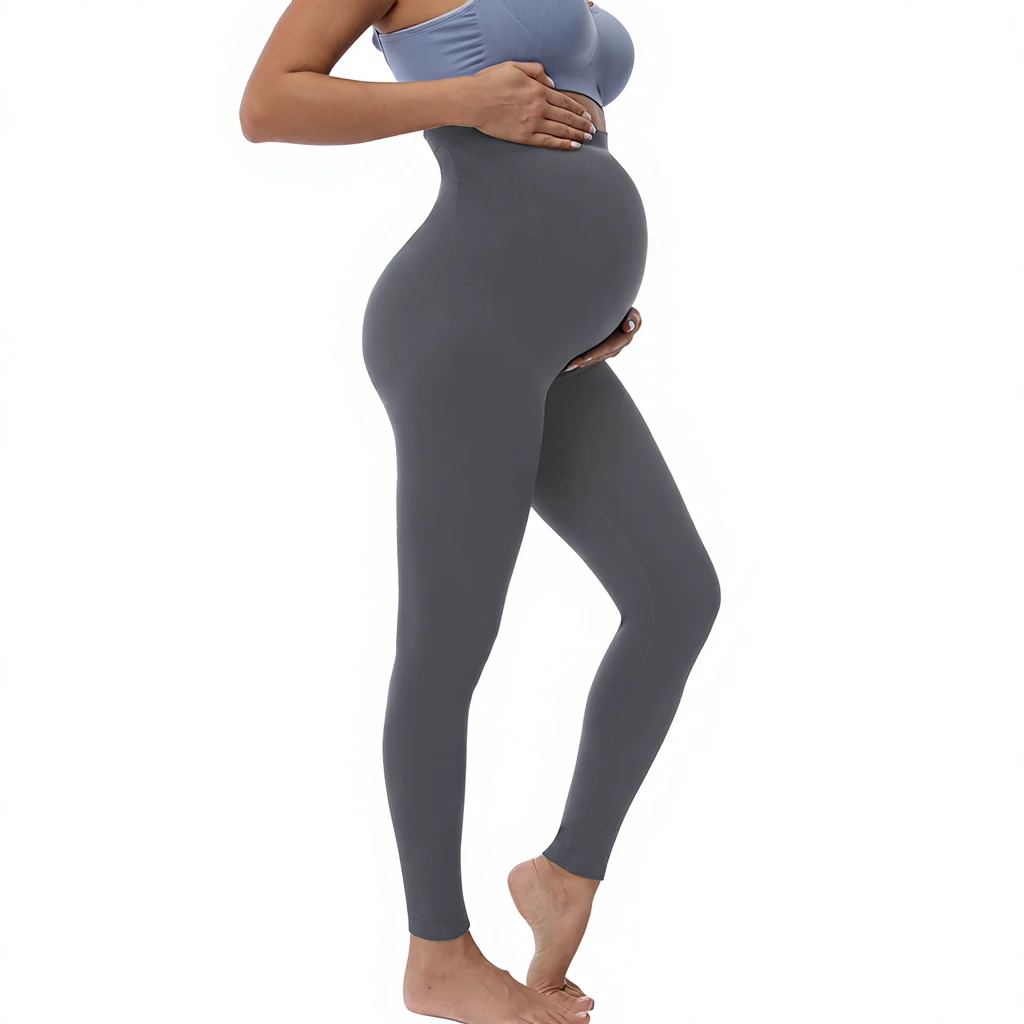 Black Gray Full Pregnancy Leggings - High Waist Maternity Activewear, Belly Support Tight Fit Base Layer Pilates Yoga Pants