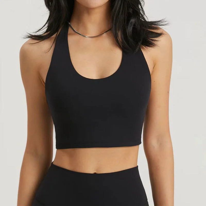 Halter Neck Lightweight Breathable Simple Yoga Sports Bra for Women with Front Logo OEM ODM Factory
