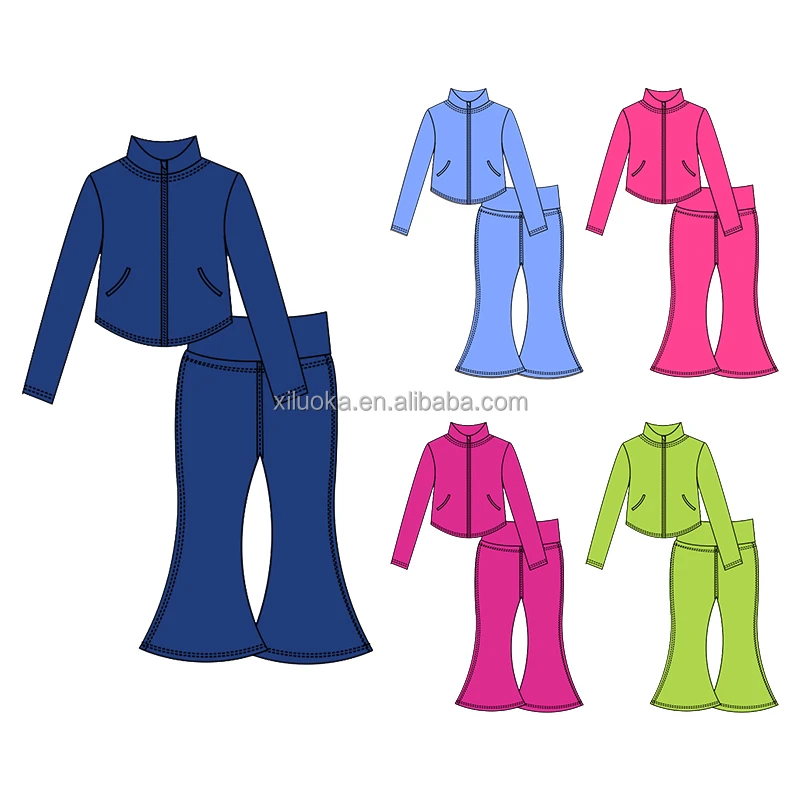 Custom Logo Kids Fitness Clothing Flare Pants Full Zip Jacket Gym Activewear 2 Piece Workout Yoga Suit Set For Girls