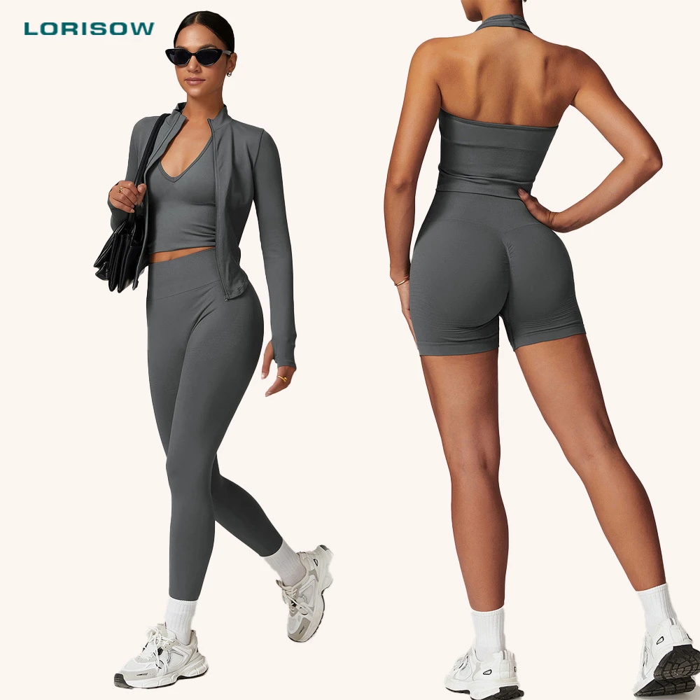 Seamless Gym Wear Scrunch Bum Collar Jacket Yoga Set Workout Two Pieces Sport Joggers Set Active Wear for Women Grey