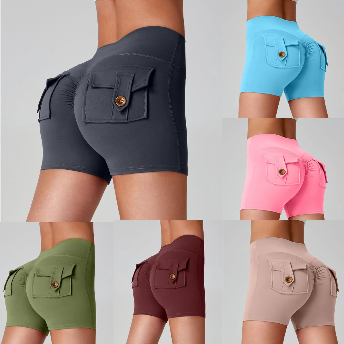 Fashion Fitness Solid High Waist Tight Pants Peach Hip Lift Sports Shorts Breathable Quick Dry Workout Clothing Pocket Yoga