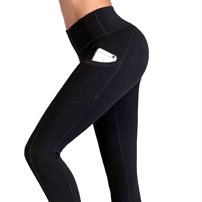 Hot Sale Black Sexy Breathable Anti-Bacterial Knitted Gym Workout Woman High Waist Yoga Leggings with Side Mobile Pocket