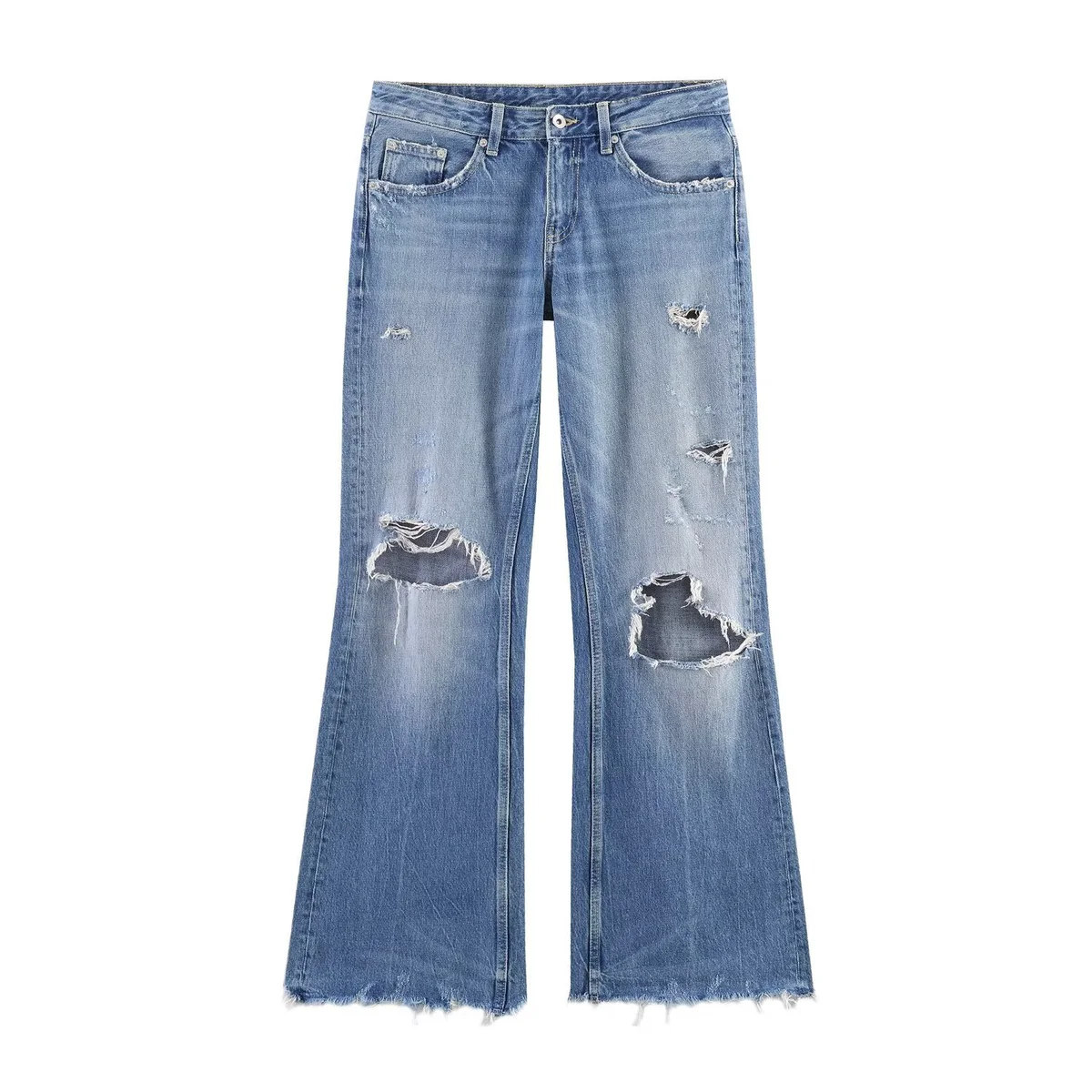 Edgy Distressed Ripped Low Rise Flare Jeans for Women Streetwear Y2K Style Frayed Hem Vintage Washed Denim Pants Summer