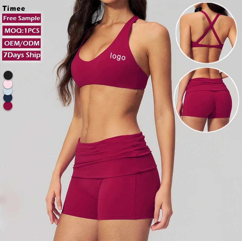 Women 2 Piece Yoga Set Fold Over Waist Workout Shorts and Cross Back Sports Bra Gym Wear Fitness Activewear Training Suit