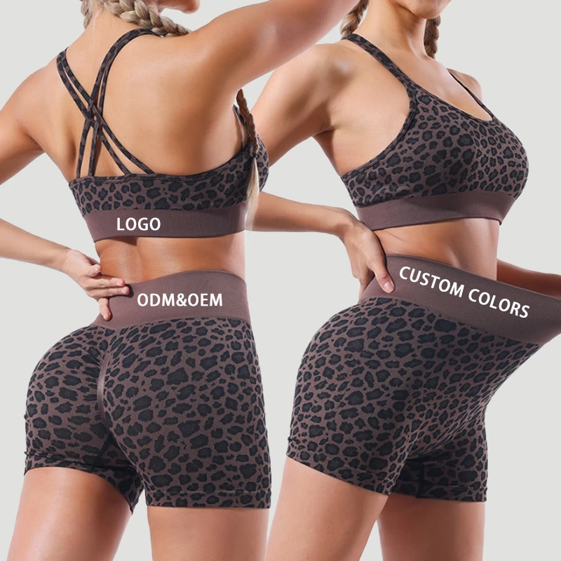 Custom Plus Size Workout Women Gym Wear Sweat Wicking Seamless Short Lightweight High Quality 2 Piece Leopard Print Yoga Waist