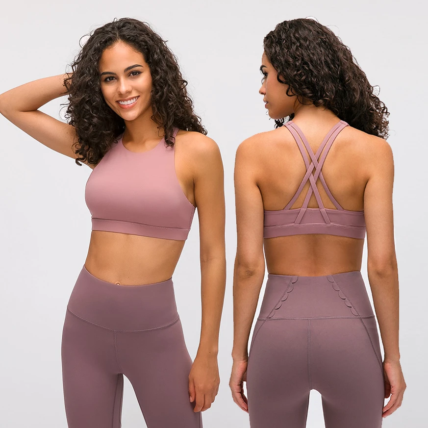 Align Women's Pull up Round Neck Sports Bra Cross Back Upper Support With Breast Pad Brushed Hairy Yoga Bra