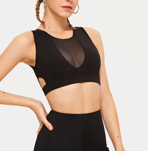 Plain Black Girls Sexy Sports Bra Front Sheer Mesh Sides Cut Out Yoga Top Workout Bra