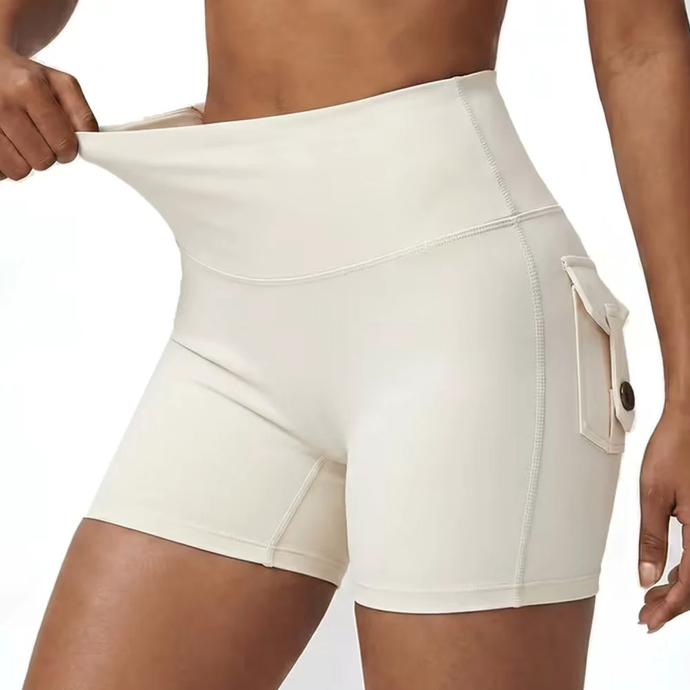 High Waist Women's Yoga Shorts With Side Pockets Breathable Spandex Nylon Sporty Fitness Wear Solid Color Knitted Shorts
