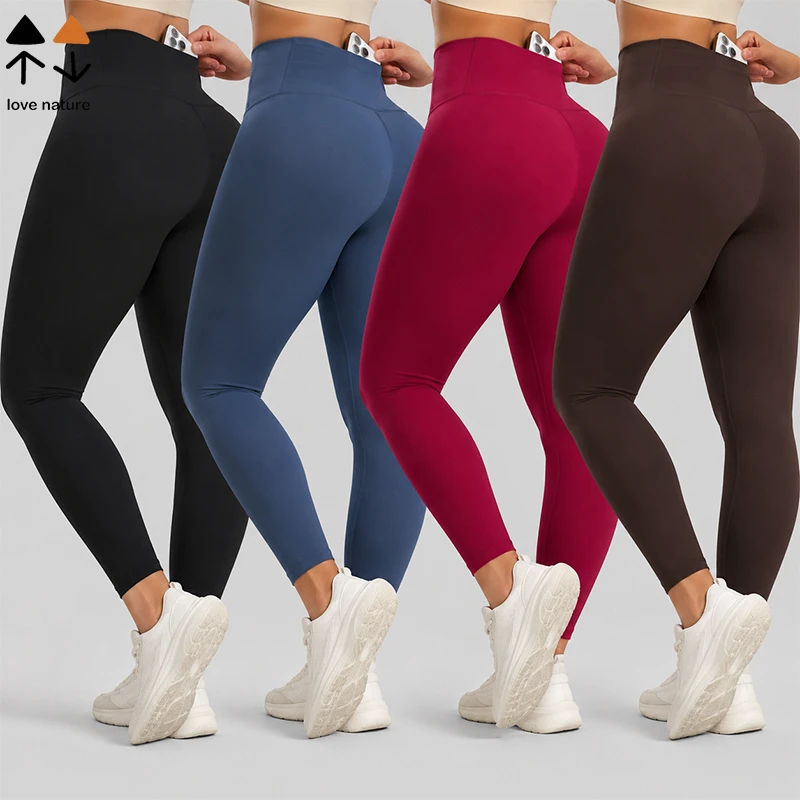 US EU Plus Size Women Yoga Leggings High Waist Dual Side Pockets No Front Seam Tummy Control Sculpting Fitness Tights