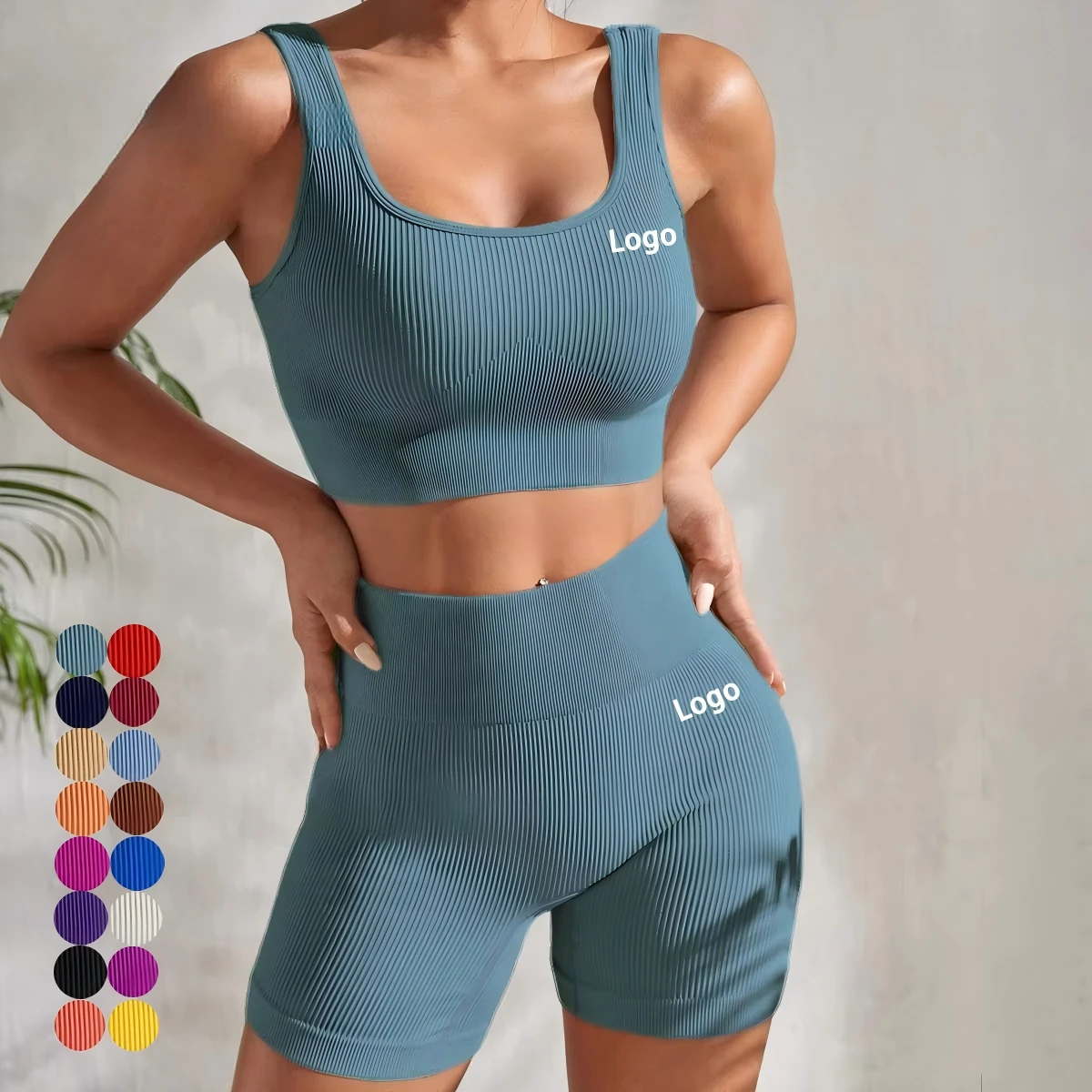 Women's Custom Design 2-Piece Seamless Yoga Workout Set Quick-Drying Ribbed Crop Tank & High Waist Shorts for Active Fitness