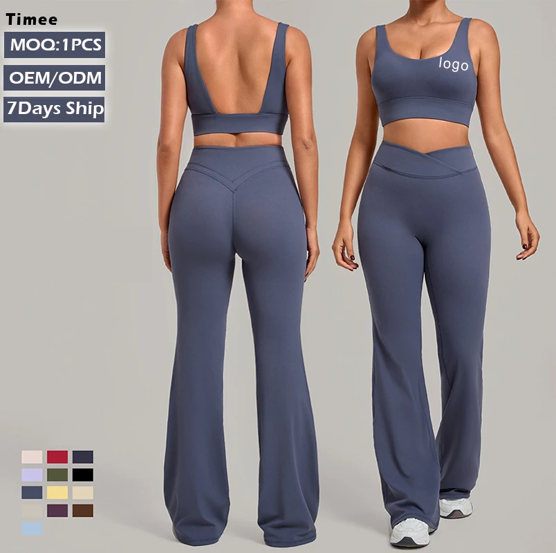 Lightweight Tummy Control Yoga Set Removable Pads Crop Top & Crossover Waist Flare Leg Pants 2-Piece Workout Outfit