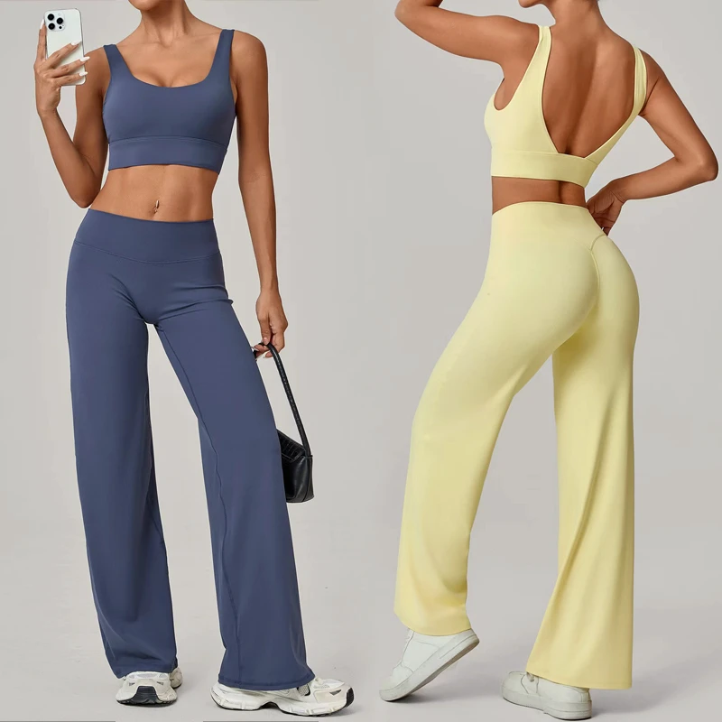 2 Pieces Active Fitness Yoga Wear Set Open Back Bra Straight Leg Pants Breathable Sports Gym Suit