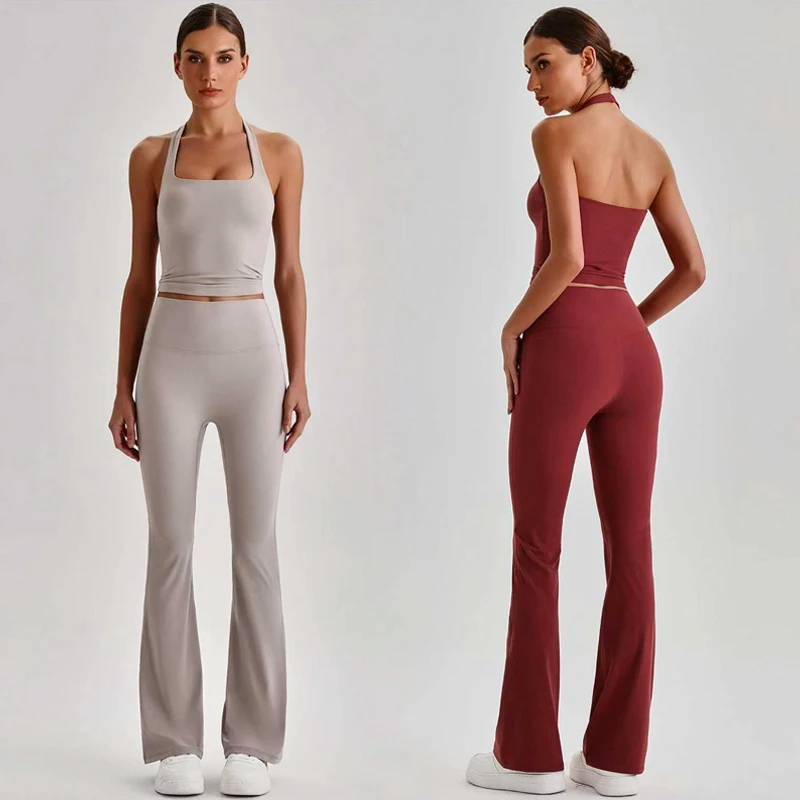 Women 2PCS Halter Workout Outfit Square Neck Crop Top & High Waist Flare Leggings Yoga Set