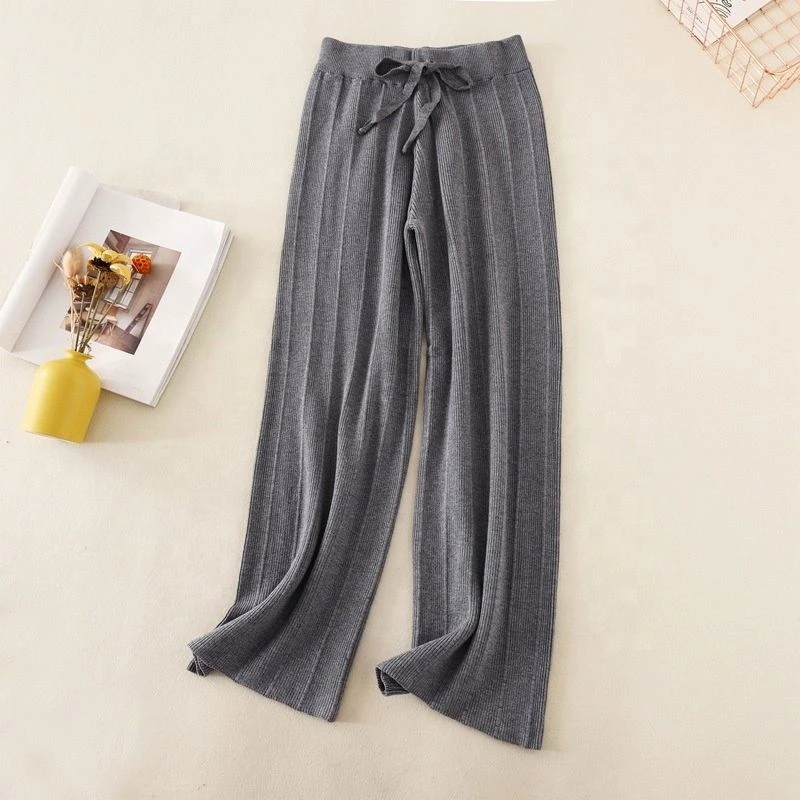 Knitted Thick Wide-Legged Pants Women'S Fall Winter High-Waisted Loose Straight Vertical Striped Casual Long Pants