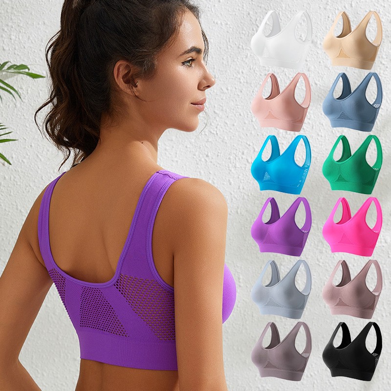Plus Size Sports Bra High Support Breathable Mesh Back Padded Shockproof Workout Vest Push-up Gather Yoga Bra Front Logo Simple