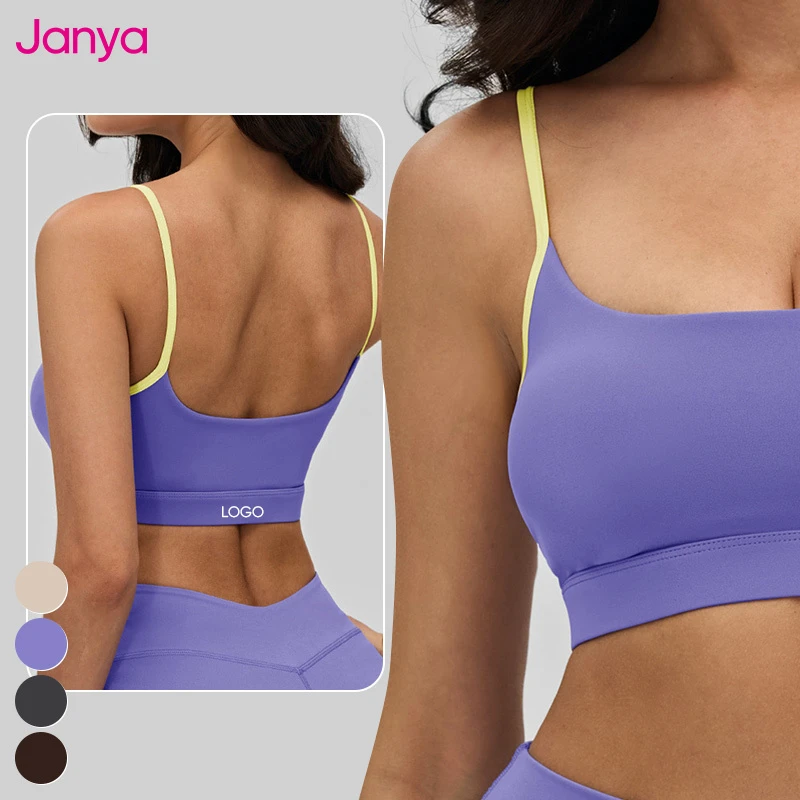 Janya Lightweight Fitness Clothing Custom Front Logo Color Blocking Thin Straps Removable Pads Breathable Sports Bra for Women